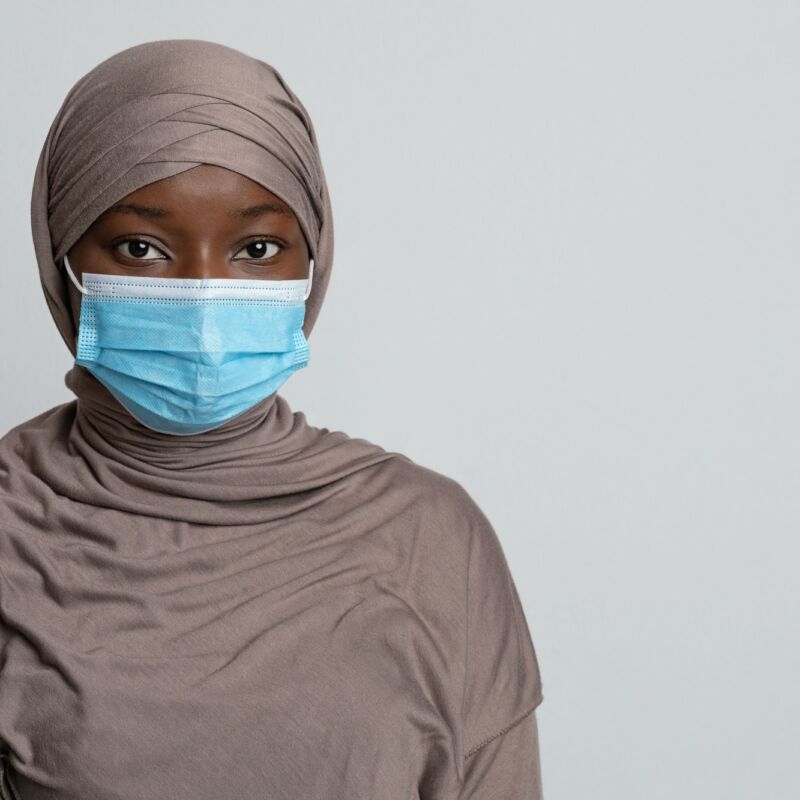 Coronavirus Concept. Portrait Of Serious Black Muslim Woman In Medical Mask
